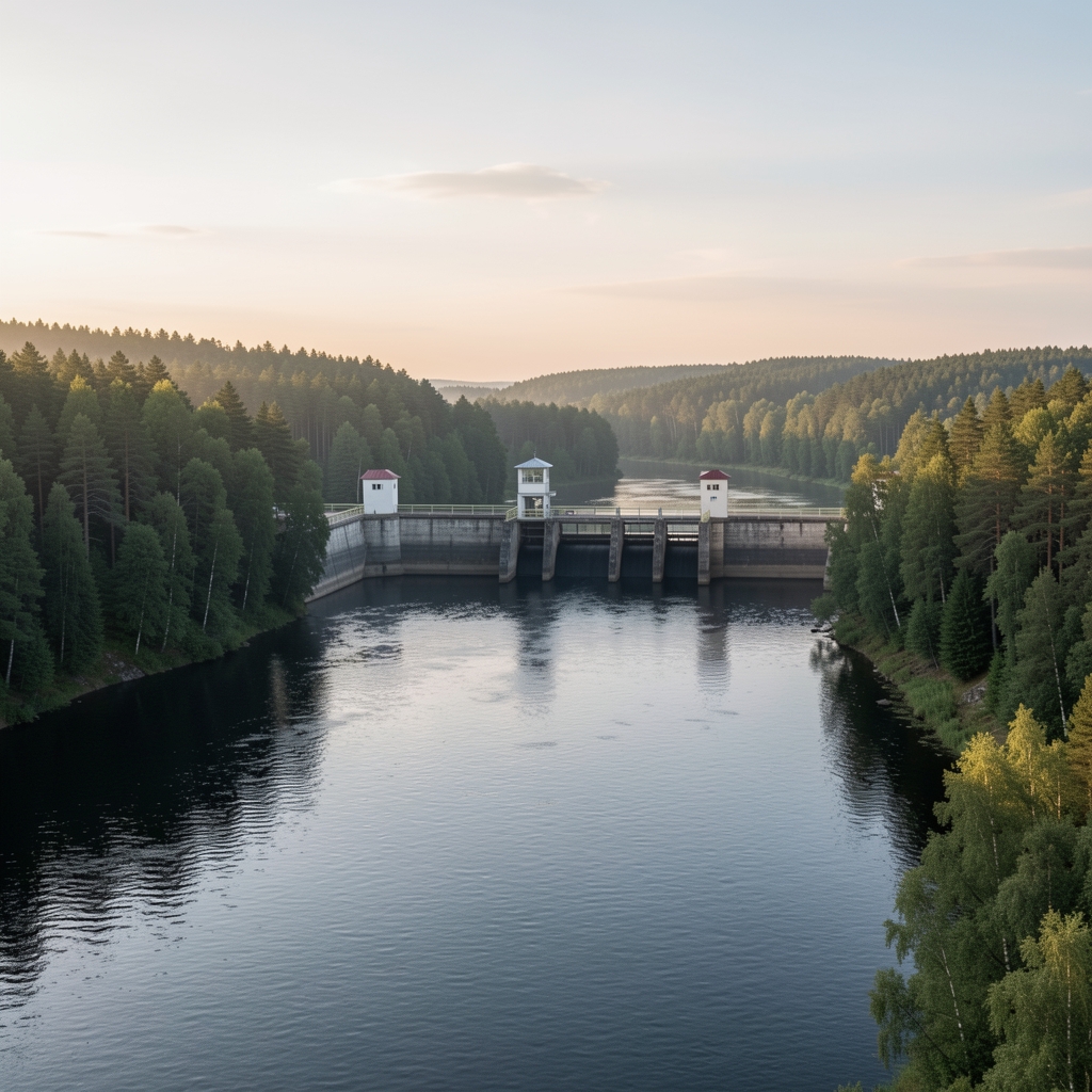 Хидроелектрана на реци у западној Србији са браном и водним путем, са шумовитим брдима у позадини